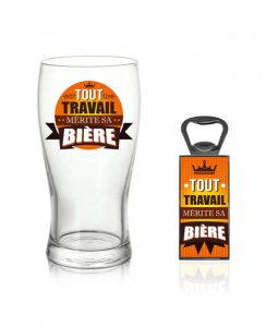 Verre à bière + Décapsuleur "Tout travail"